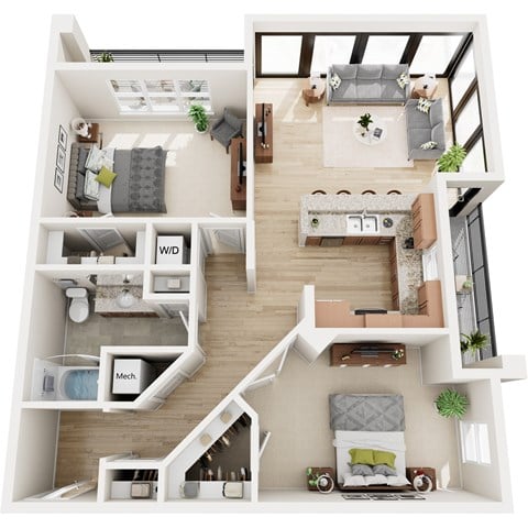 Floor plan for 2 beds, 1 bath, 1290 sqft